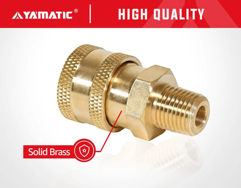 YAMATIC brass pressure washer fitting, side view, 1/4 in NPT to 1/4 in socket