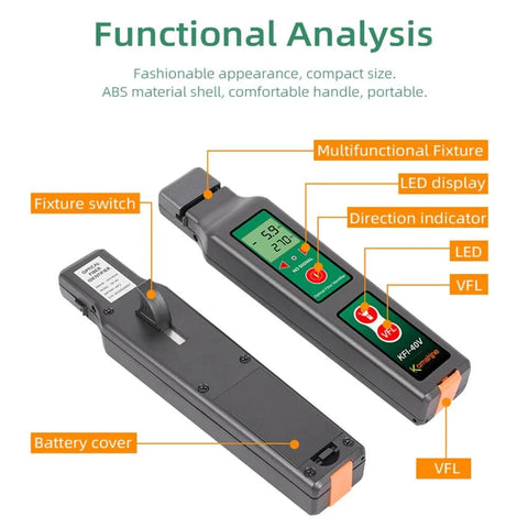 KFI-40 Fiber Optic Detector And Live Identifier showing components, LED display, battery cover, labels, ideal for field technicians.