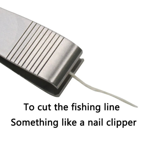 Close-up of Two Pack Stainless Steel Fishing Line Cutter Nippers With Hook Eye Pin showing fishing line being cut