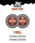 Two rolls of seam tape, 22in x 50ft and 4in x 50ft, labeled 'Liquid Rubber,' for roof leaks and joints, adhesive on EPDM.