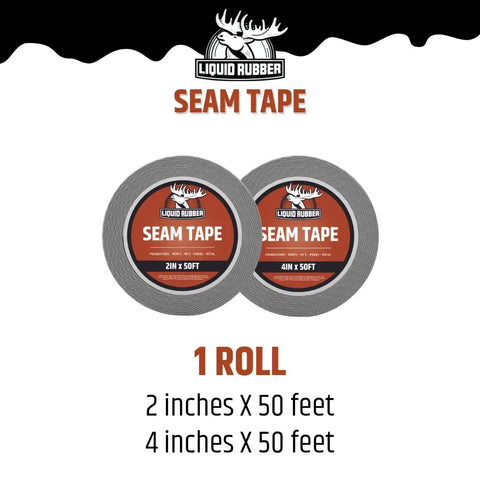 Two rolls of seam tape, 22in x 50ft and 4in x 50ft, labeled 'Liquid Rubber,' for roof leaks and joints, adhesive on EPDM.