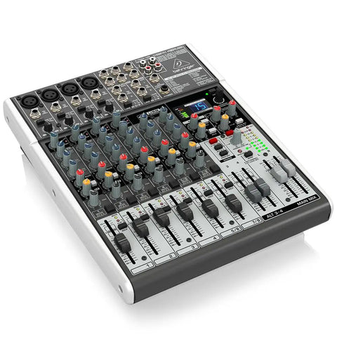 XENYX X1204USB Premium 12-Input 2/2-Bus Mixer with Ultra-Low Noise Mic Preamps, studio-grade design, top view of controls and interface