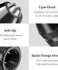 Close-up of 16Pcs Drill Chuck Collet Set details with 3-jaw chuck and quick change adapter for rotary tools, anti-slip texture shown.