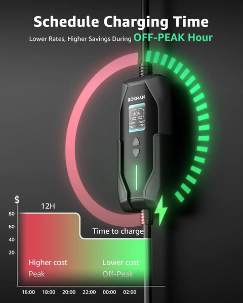 Top Tier Level 1 And Level 2 EV Charger Featuring A Hella Fast 40 Amp Charge Rate With A Roomy 20 Foot Cable showing charging scheduler.