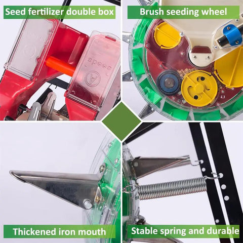 Push Garden Seeder With Dual Seed And Fertilizer Buckets Hand Powered Roller For Efficient Planting 10 Hole Design parts closeup