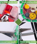 Hand Push Garden Seeder With 12 Hole Seed Plate And Dual Seed And Fertilizer Buckets close-up showing components.