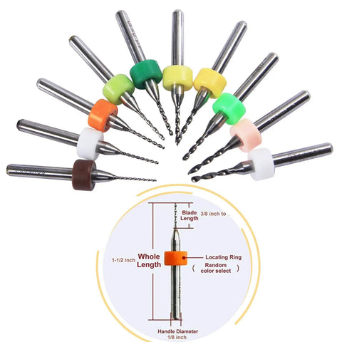 Micro Mini Drill Bit Set, Ten Tiny Tungsten Carbide Bits From 0.6mm To 1.5mm With 1/8 Inch Shank, different color bands for easy identification.