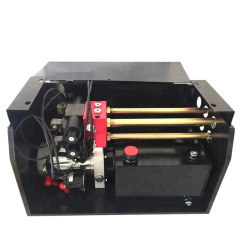 Zero Hassle Heavy Duty Hydraulic Power Pack Unit With 12 Or 24 Volt DC Single Acting Gear Motor Pump internal view with components.