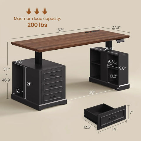 Farmhouse Electric Standing Desk With 63 Inch Long Workstation Height Adjustable Sit Stand Desk With 3 Drawers Storage Shelves Power Outlets CPU Stand Wood Home Office Desk For Work Study Writing Black