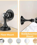 Heavy Hitter Magnetic Door Stops 2 Pack shows floor mount and wall mount options, sleek black stainless steel for durability.