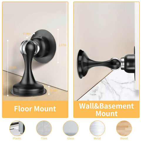 Heavy Hitter Magnetic Door Stops 2 Pack shows floor mount and wall mount options, sleek black stainless steel for durability.