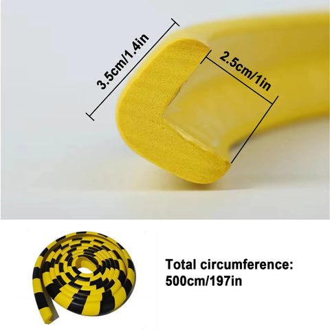 Close-up of L Shaped Wall Edge Corner Guards Yellow Black Safety Bumpers 197 Inches Long showing foam padding and dimensions.