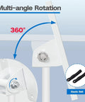 Adjustable Tripod Projector Stand For 22 To 55 Inch Displays With Phone Holder shown with 360-degree swivel and elastic belt.