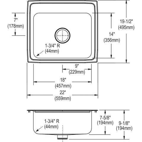 Dimensions diagram of Lustertone Classic Single Bowl Drop In Stainless Steel Kitchen Sink With Perfect Drain Edgeless Drain.