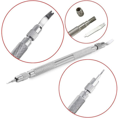 9 Piece Watch Repair Kit For DIY Band Remover Tools With Vanadium Steel Horology Tool Set close-up of pin removal tool attachment