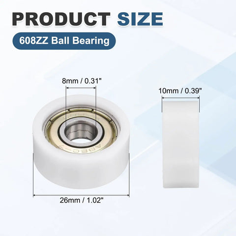 10 Pack Heavy Duty Nylon Roller Bearings 8x26x10mm Double Shielded Ball Bearing Guides 608ZZ Style Quiet Low Noise for Furniture Sliders and Hardware Accessories White, size chart