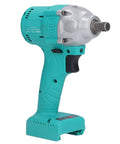 Electric Impact Wrench 1/2 Inch Drive Brushless Motor Delivering High Torque Up To 330Nm For Auto Repair Construction Home Diy Projects Includes Lithium Battery And One Button Direction Switch side view showing turquoise body and silver motor.