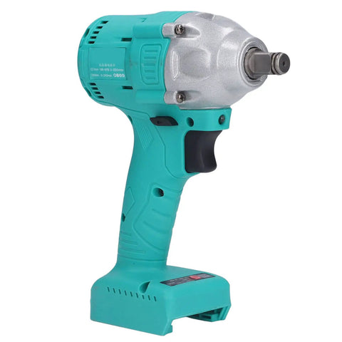 Electric Impact Wrench 1/2 Inch Drive Brushless Motor Delivering High Torque Up To 330Nm For Auto Repair Construction Home Diy Projects Includes Lithium Battery And One Button Direction Switch side view showing turquoise body and silver motor.
