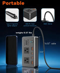 200 Watt Car Power Inverter With 12V DC To 110V Adapter 6 Port Multi Plug for quick charging with USB and Type C ports.