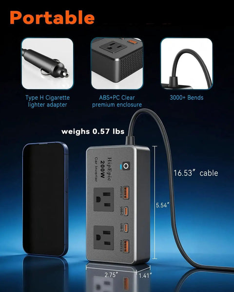 200 Watt Car Power Inverter With 12V DC To 110V Adapter 6 Port Multi Plug for quick charging with USB and Type C ports.