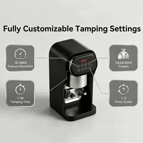 Robust 58 Mm Electric Coffee Tamper Providing Spot On Ten To Thirty Kilogram Pressure And Adjusted Timing Sequences For Bullseye Shots And Legit Barista Level Pulls At Home Or Shop In Bronze control panel with customization options.