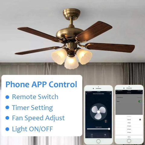 WiFi Ceiling Fan And Light Remote Control Kit Compatible With Alexa And Google Phone App Control Without Hub Universal Ceiling Fan Light Remote Includes RF Remote And Smart Switch For Speed And Light On Off displayed with app interface and control features