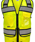 Class 2 High Visibility Safety Vest In Neon Green With Hella Breathable Mesh Back And No Sweat Neck Padding For Heavy Duty Construction Sites Demanding Top Tier ANSI Compliance, front view with zipper and pockets.