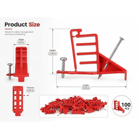 Premium Cable Staples Set 100 Count Insulated Nails for secure NM wire, coax, Cat 5, and data lines with sizing details.