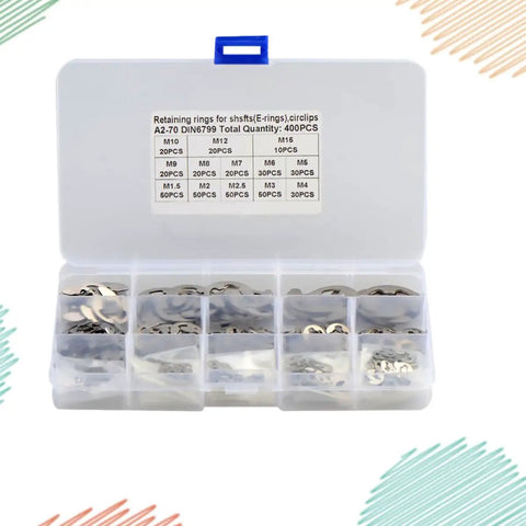 Stainless Steel E Shaped Retaining Ring Kit 400 Pieces Anti Rust Snap Rings Set with labeled sections on plastic case