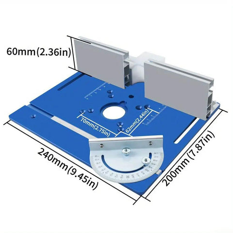 Heavy Duty Aluminum Router Table Insert Plate With Precision Miter Gauge And Butter Smooth Glide Track For Knockout Woodworking Cuts And Pro Level Routing Projects In Classic Blue, showcasing measurements.