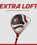 Slick Design Kid Approved Golf Club Set Right Hand Ages 6 To 8 Fully Loaded With Driver Hybrid Irons Stand Bag And Covers In Bright Red showing driver clubhead with extra loft design.