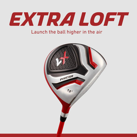 Slick Design Kid Approved Golf Club Set Right Hand Ages 6 To 8 Fully Loaded With Driver Hybrid Irons Stand Bag And Covers In Bright Red showing driver clubhead with extra loft design.