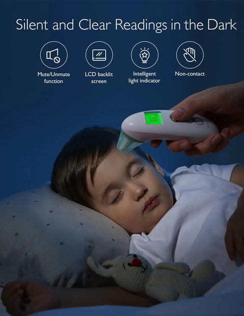No-Touch Digital Forehead And Ear Thermometer For Adults And Kids With 0-3 Year Old Child Mode, Fast Accurate Temp Readings, Easy Readout, Safe Family Health Tool. child sleeping