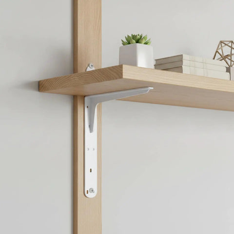 Heavy Duty L-Shaped Steel Bracket for Floating Shelves and Wall Cabinets Hella Sturdy TV Stands in white supporting a wooden shelf