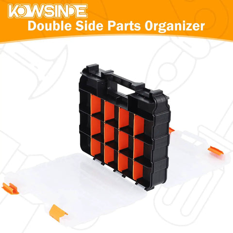 Double Sided Tool Organizer With 34 Compartments And Removable Dividers For Screws Nuts Bolts Tough As Nails Hardware Storage Box For Small Parts In Garage Or Workshop, featuring black and orange design with transparent lids.