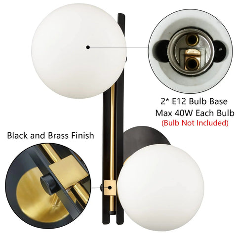 Black And Gold Globe Wall Sconce Set Two Light Fixture In Mid Mod Style Brass And Black Finish With Milk Glass Globes wiring details