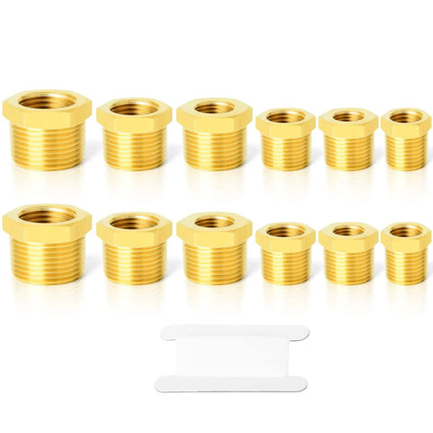 Brass Hex Bushing Fitting Kit 12-Piece For Plumbing And Hydraulic Lines Includes 1/4-1/8, 3/8-1/8, 3/8-1/4 sizes displayed