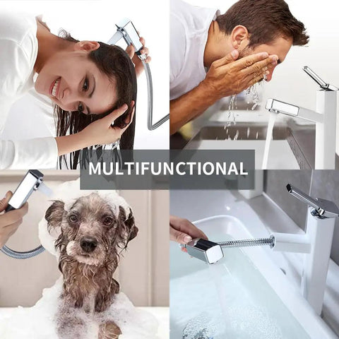 Collage showing multifunctional use of Tall Pull-Down Vessel Sink Faucet With Pull-Out Sprayer, Single Hole Lavatory Mixer Tap