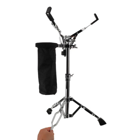 Hardcore Adjustable Snare Drum Tripod Stand With Double Braced Alloy Frame And Drumstick Pouch viewed from the side with height adjustment lever.