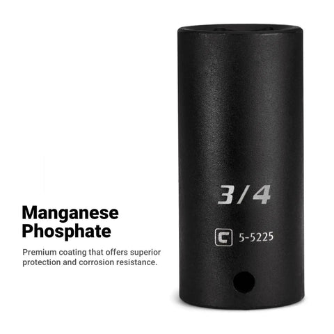 3/4 inch socket from Half Inch Drive Shallow And Deep Impact Socket Set 7/16 To 1-1/4 Inch SAE 28 Piece Tough As Nails Chrome Molybdenum Steel