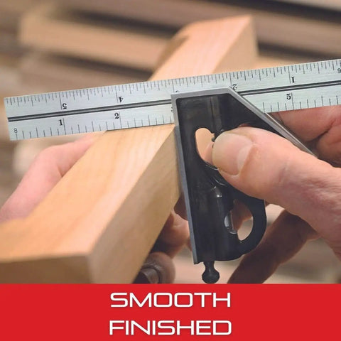 Heavy Duty Square Head For 12 Inch And Larger Combination Squares Sets And Bevel Protractors With Smooth Finish Hardened Steel Center Head For Pro Grade Machinist Toughness H33-1224 in use for precise measurement on wood.