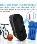 No Stress Flat Tire Rescue Kit With Built In 12V Air Compressor And Smart Sealant Pump, shown with bike and basketball.