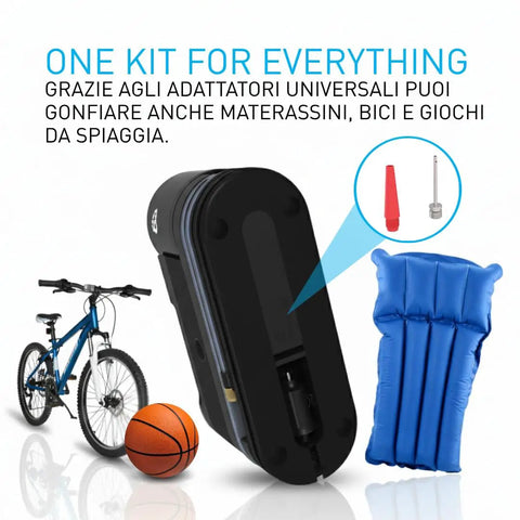 No Stress Flat Tire Rescue Kit With Built In 12V Air Compressor And Smart Sealant Pump, shown with bike and basketball.