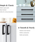 Slick Matte Black Square Bar Cabinet Pulls 5 Pack With 3 3/4 Inch Hole Centers Heavy Duty Stainless Steel Drawer Handles on cabinets.