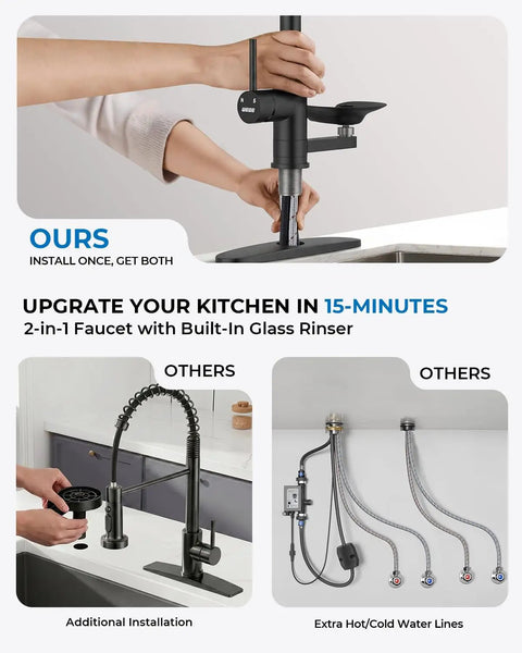 Kitchen Faucet with Glass Rinser, Pull Down Sprayer, 3 Water Modes, sleek black design, equipped with cup washer for efficient cleaning.