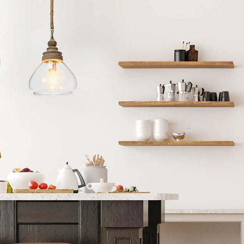 Glass And Mango Wood Ceiling Pendant Light With Distressed Brown Canopy And Jute Wrapped Cord, illuminating a modern kitchen.