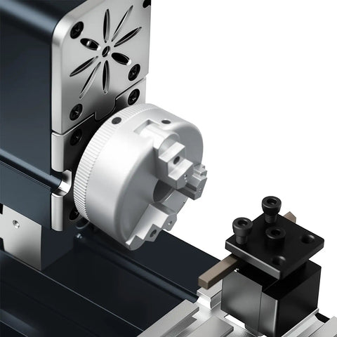Zhrui 36W Mini Metal Lathe 50mm Center Height High Speed Up To 20000 Rpm close-up of spindle and chuck for precision metal work.