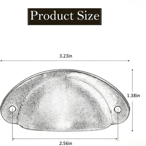 10 Piece Set Of Badass Antique Bronze Cup Pull Handles With Classic Half Moon Shell Design, size dimensions shown on diagram.