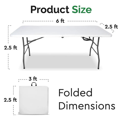 Heavy Duty Folding Table With Built In Handle Six Foot Portable Table dimensions, shown unfolded and folded, with size labels