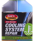 Front view of a bottle of High Mileage Cooling System Repair With Premium Carbon Fiber Formula Stops Leaks Fast, 16.9 oz